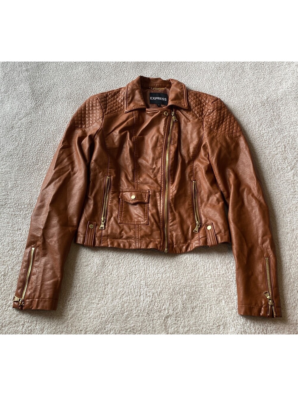 Express Brown Vegan Faux Leather Moto Jacket Women's Size Small Gold Hardware